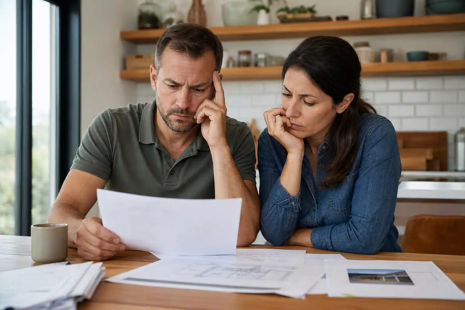 Couple examinant des documents financiers avec inquiétude